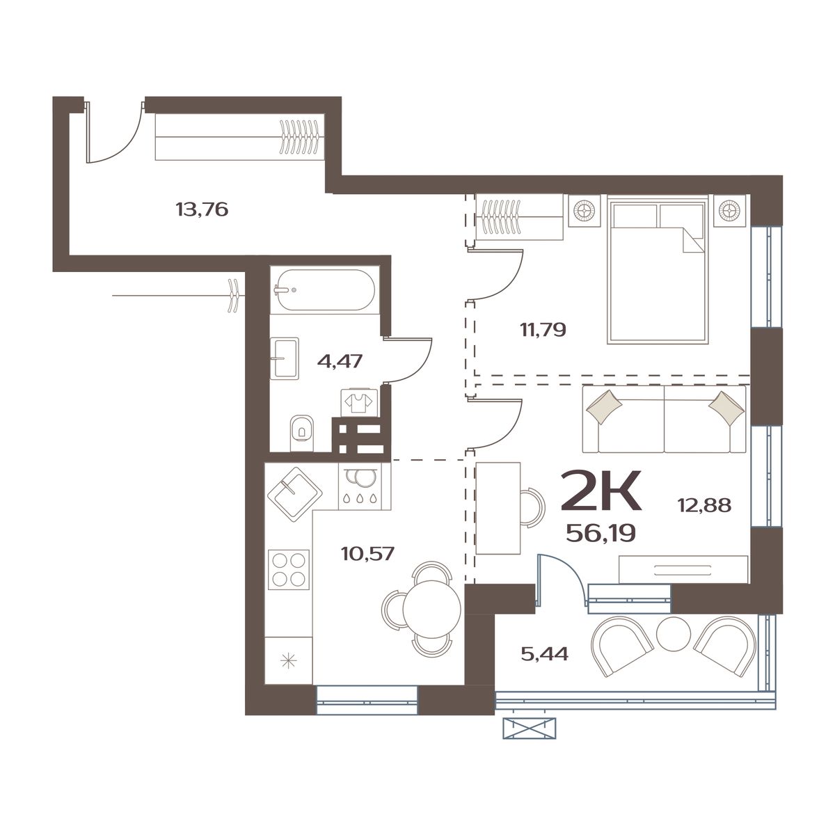 ЖК Меридианы Улисса, 2-комн кв 56,19 м2, за 8 051 000 ₽, 12 этаж